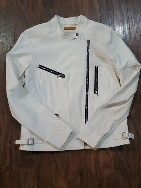 7 For All Mankind White Bomber Jacket with Black Zip Accents